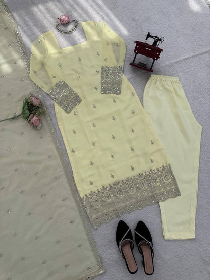 Laksharaa Sarees Georgette Pakistani Salwar Kameez Pale Yellow Flat Lay