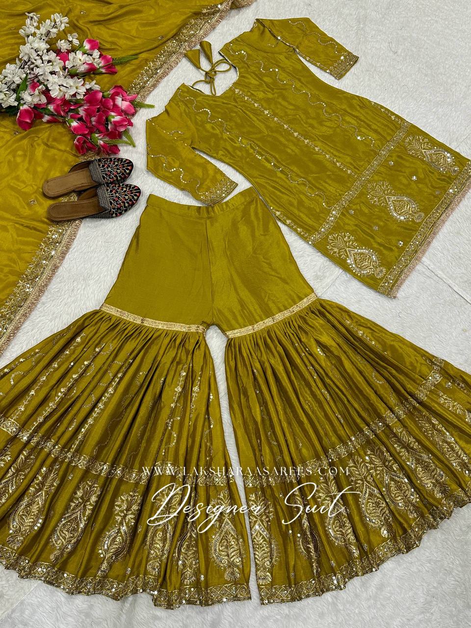 Laksharaa Sarees Abira Sharara Suit Olive Green Flat Lay Full Suit