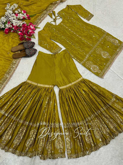 Laksharaa Sarees Abira Sharara Suit Olive Green Flat Lay Full Suit