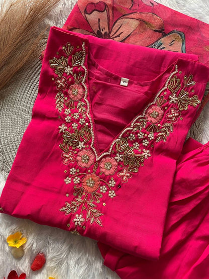 Rani Pink Floral Kurti Set