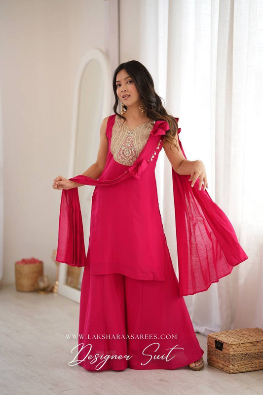 Laksharaa Sarees VARSHI Rani Pink Sharara Suit with Bow Shawl Front View