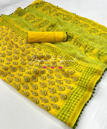 Colourful Mul Mul Cotton Saree x Pom Pom Border