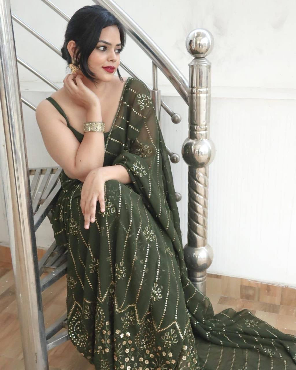 Olive Green Partywear Georgette Saree