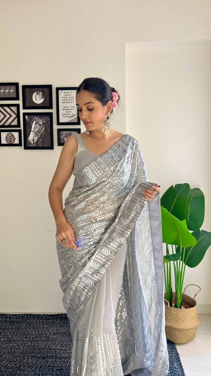 Grey x Silver Georgette Partywear Sequinned Saree