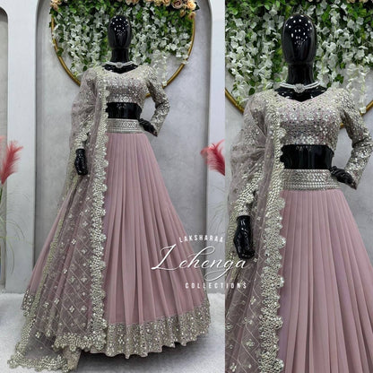 SAVITAA - Mauve Pink x Silver Georgette Lehenga with Stunning Duppata