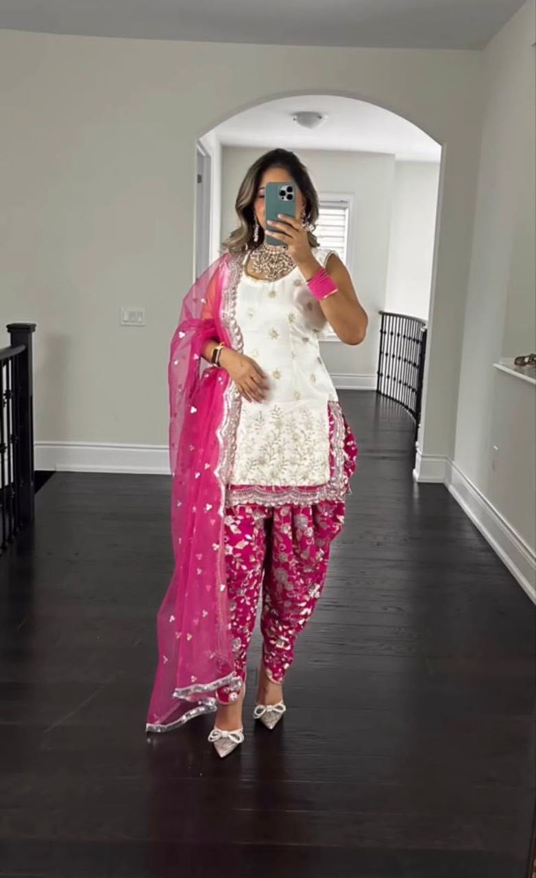 White x Dark Pink Dhoti Suit