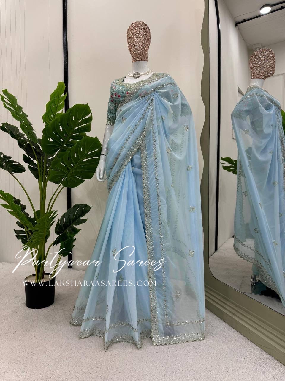 BHUVA - Baby Blue Georgette Silk Saree x designer blouse