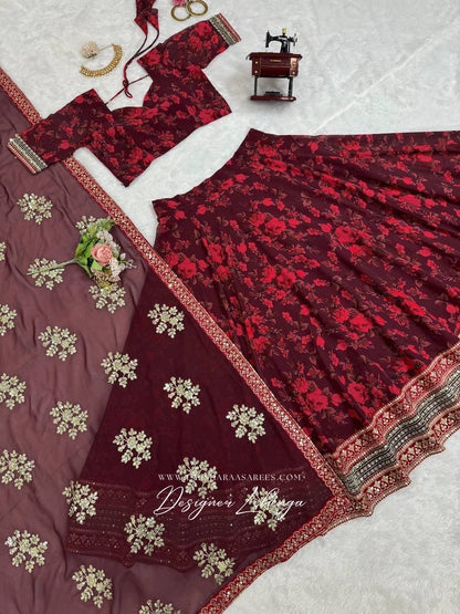 Maroon x Red Floral Georgette Lehenga