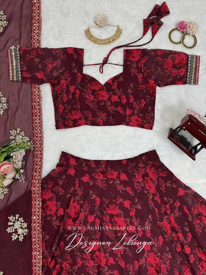 Maroon x Red Floral Georgette Lehenga