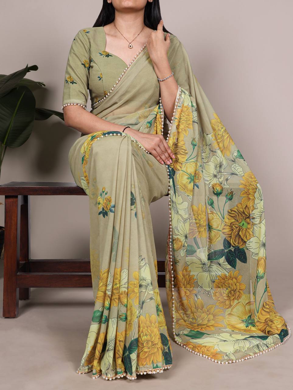 Laksharaa Sarees SWEETY — Pearl x Georgette Floral Saree Sage Green