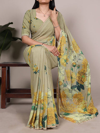 Laksharaa Sarees SWEETY — Pearl x Georgette Floral Saree Sage Green