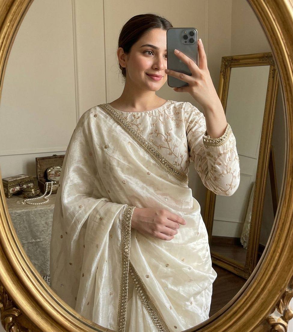 Laksharaa Sarees Cream Shimmer Satin Saree