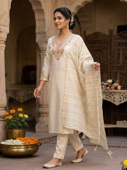 Laksharaa Sarees Embroidered Kurta Set Off-White Walking Pose