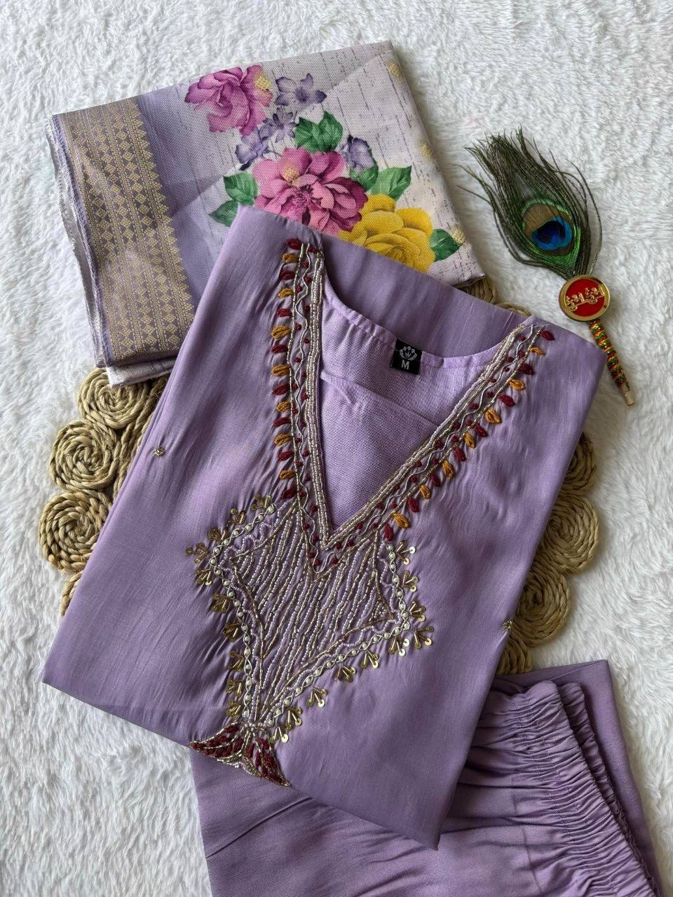 Laksharaa Sarees Premium Lavendar Purple Chanderi Silk Kurti Set Lavender Purple