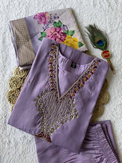 Laksharaa Sarees Premium Lavendar Purple Chanderi Silk Kurti Set Lavender Purple