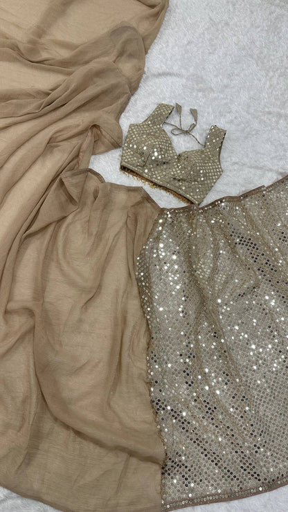 Laksharaa Sarees TAMIKA — Gold Sequinned Net Dinner Saree Champagne Gold