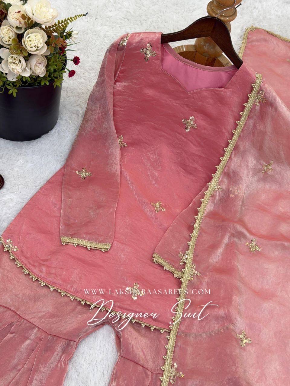 Laksharaa Sarees DEONA — Shimmer Silk Corset Back Sharara Suit Dusty Rose Top Close Up