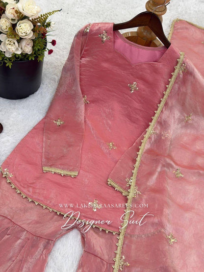 Laksharaa Sarees DEONA — Shimmer Silk Corset Back Sharara Suit Dusty Rose Top Close Up