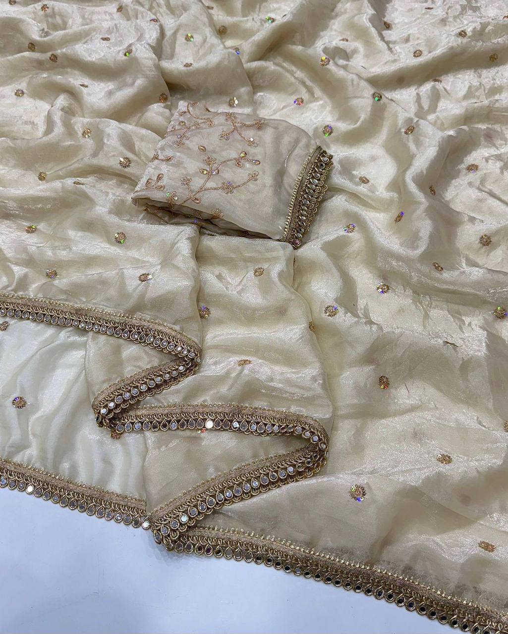 Laksharaa Sarees Cream Shimmer Satin Saree