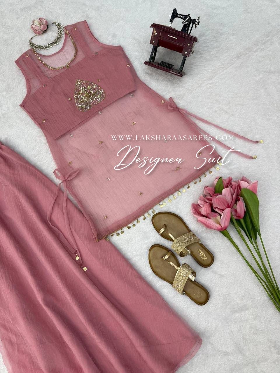 Laksharaa Sarees Cute Pink Pallazo Suit flat lay with accessories