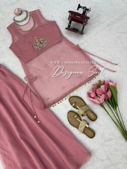 Laksharaa Sarees Cute Pink Pallazo Suit flat lay with accessories