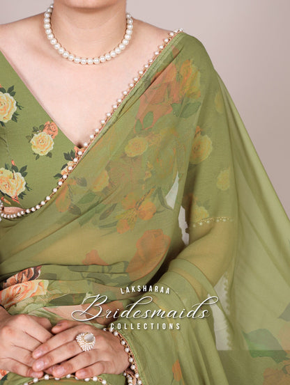 Partywear Floral Pearl Georgette Saree x Pearl Border