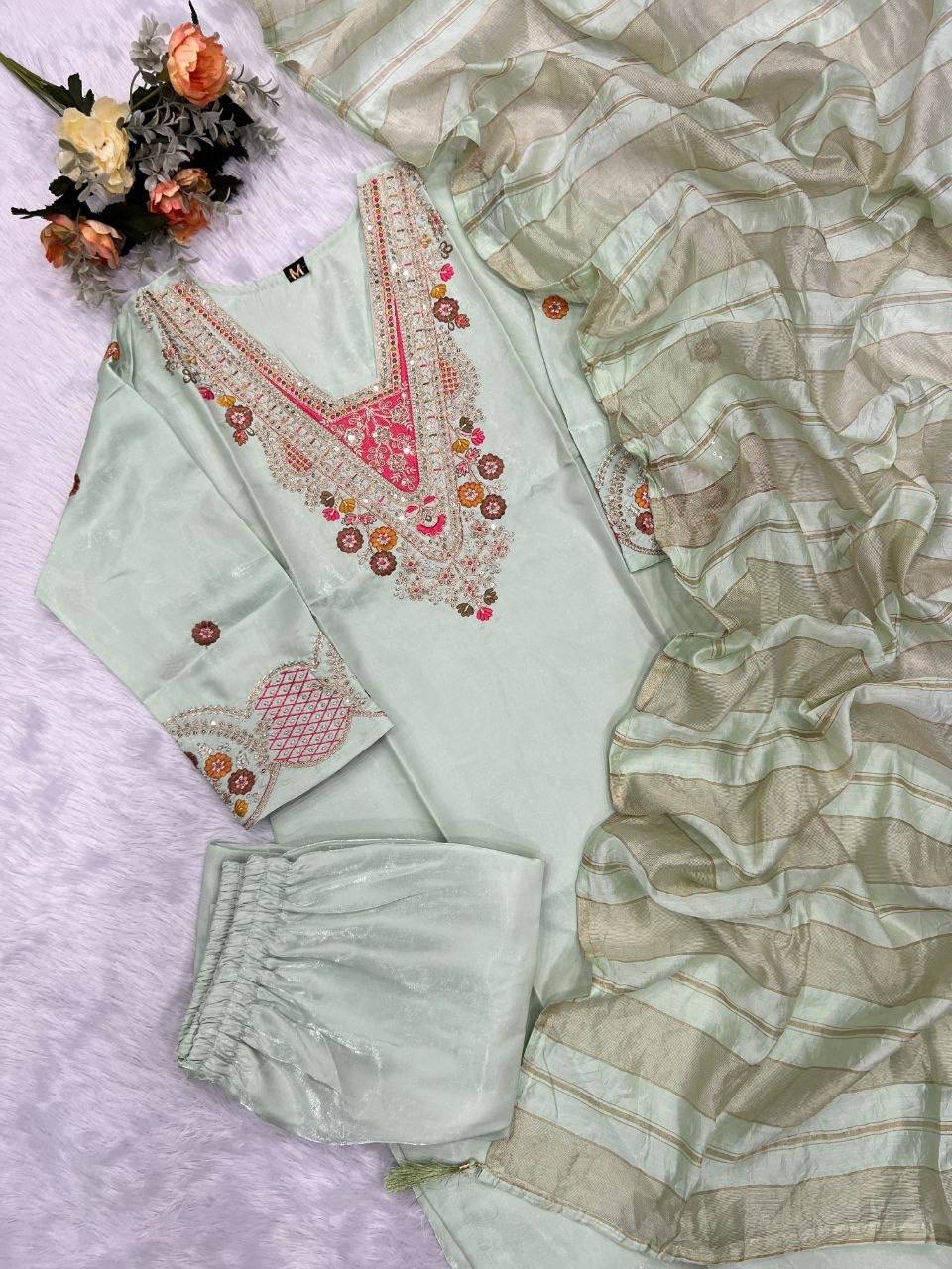 Laksharaa Sarees Embroidered Kurta Set Sage Green Flat Lay