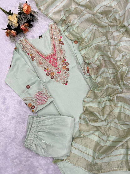 Laksharaa Sarees Embroidered Kurta Set Sage Green Flat Lay