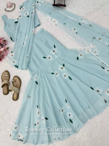 Laksharaa Sarees MAISY Aqua Lehenga Saree Set Flat Lay with Accessories
