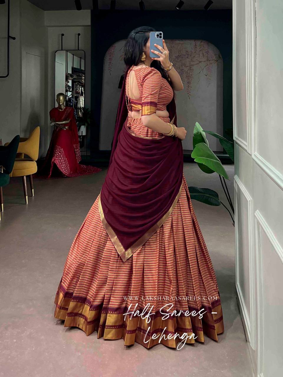 Laksharaa Sarees VENBA South Special Kanchi Cotton Half Saree Lehenga Burgundy and Cream Back View