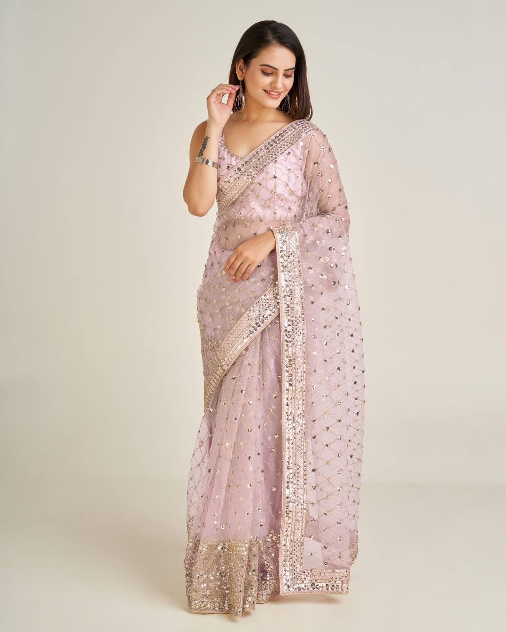 Pink x Gold Partywear Net Sequinned Saree