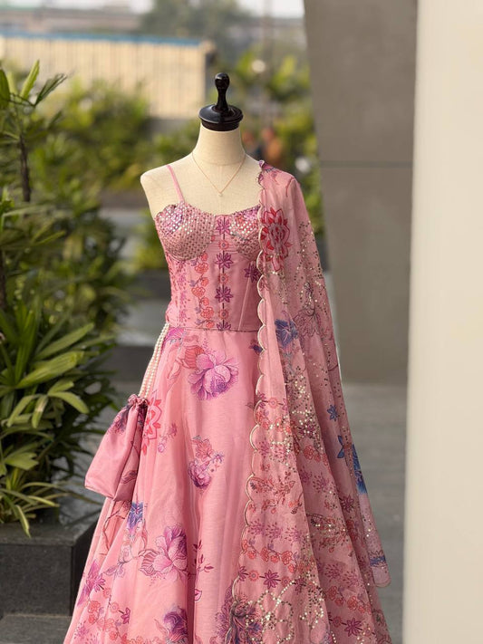 Laksharaa Sarees DIANA Pink Floral Corset Style Partywear Lehenga Front View