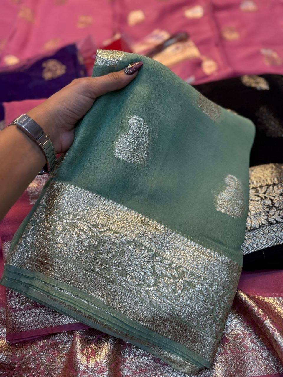 Laksharaa Sarees Viscose Georgette Saree Sage Green