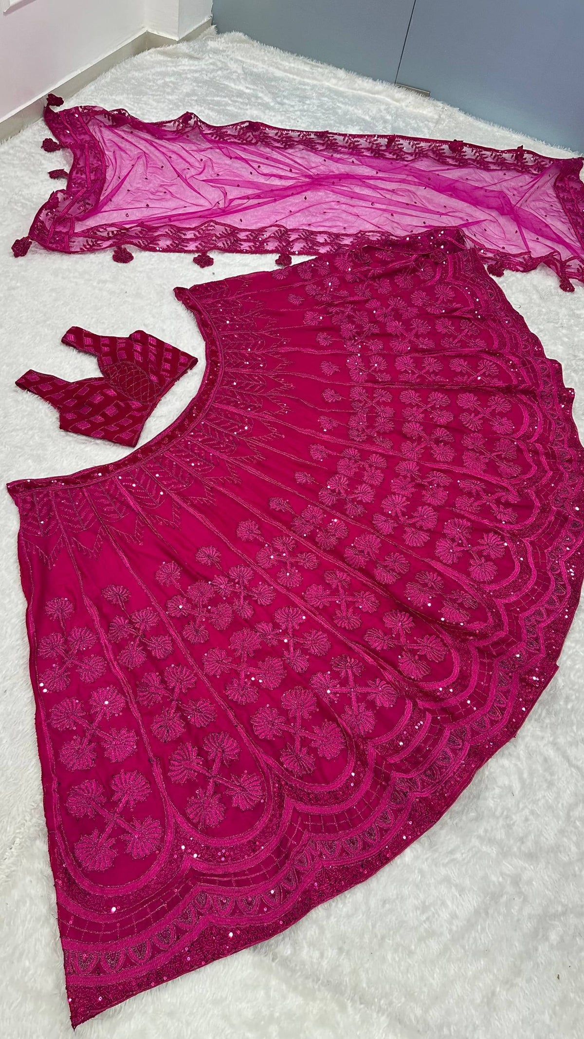 Laksharaa Sarees Premium Rani Pink Floral Lehenga Rani Pink full set from above