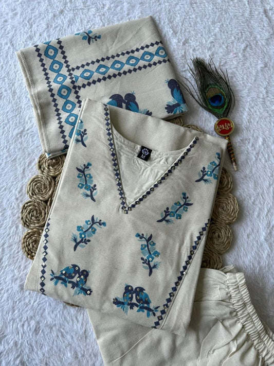 Festive ivory Kadhi Kurti set with intricate embroidery, paired with matching bottoms, from Laksharaa Sarees.