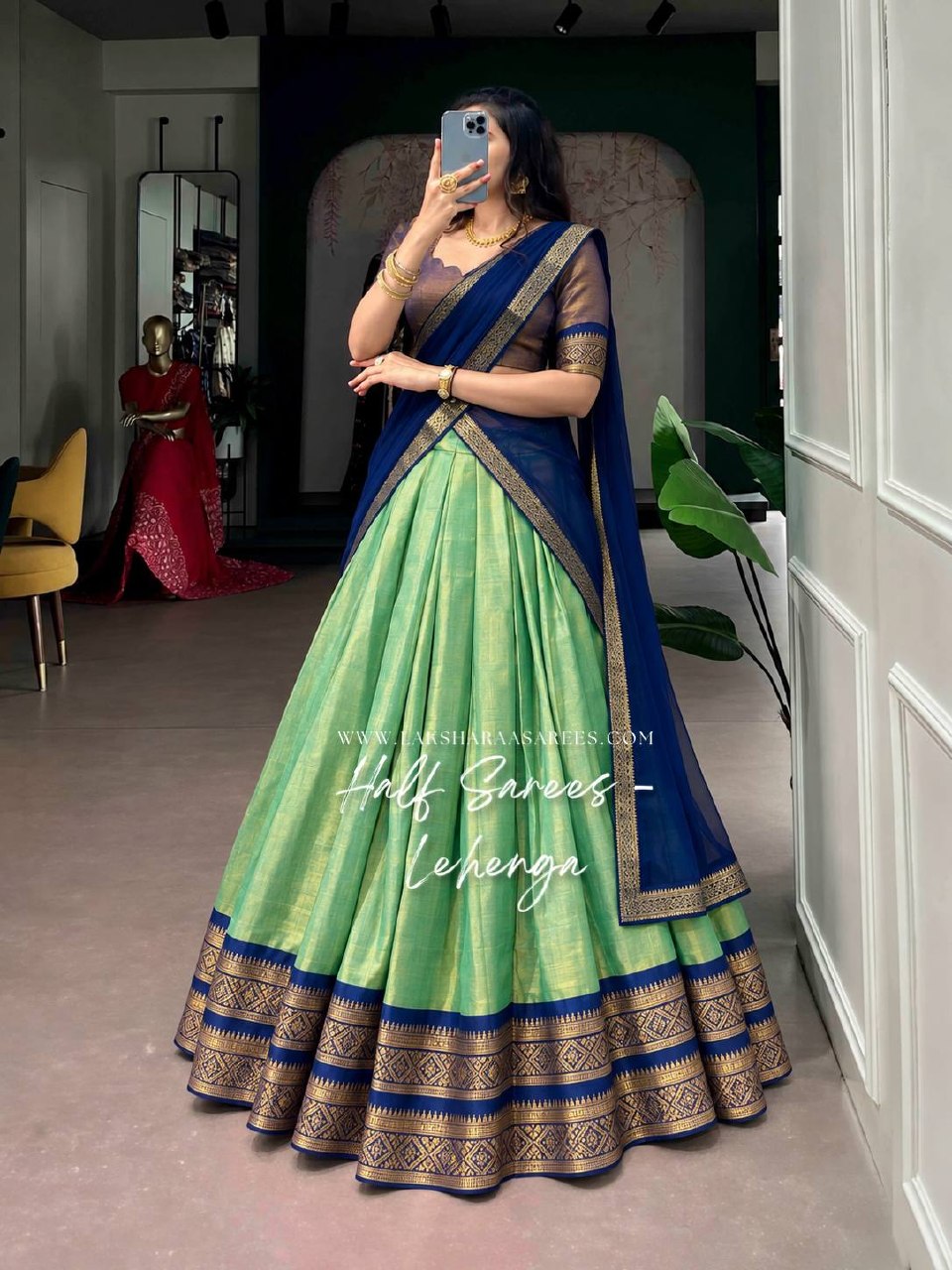 Laksharaa Sarees ARUNA - Kanchi Cotton Half Saree Lehenga Light Green and Dark Blue
