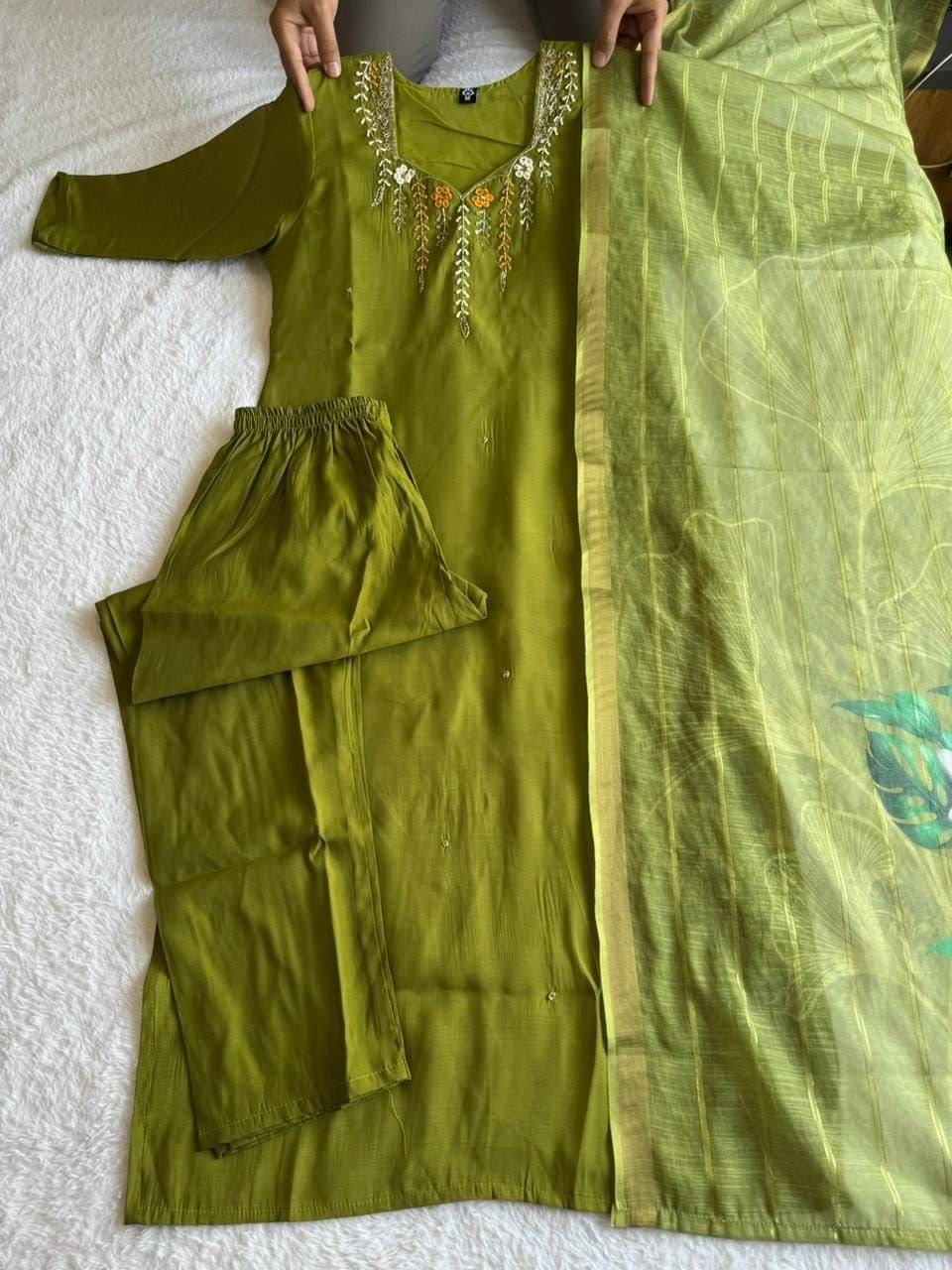 Laksharaa Sarees Green Mul Chanderi Kurti Suit Parrot Green