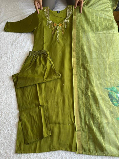 Laksharaa Sarees Green Mul Chanderi Kurti Suit Parrot Green
