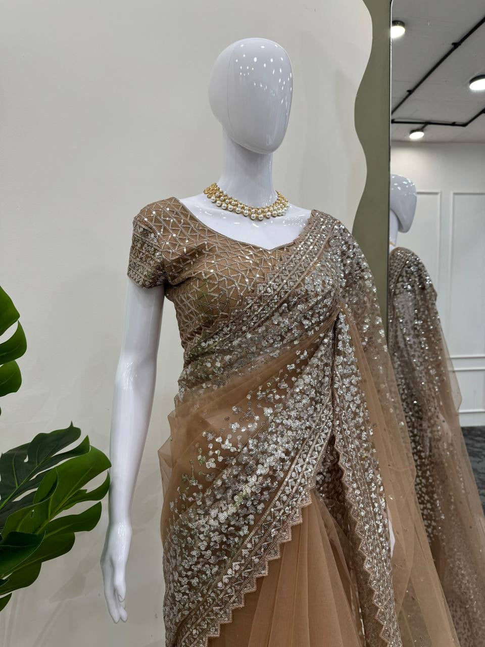 ELLE - Champagne Brown Georgette Net Dinner Saree