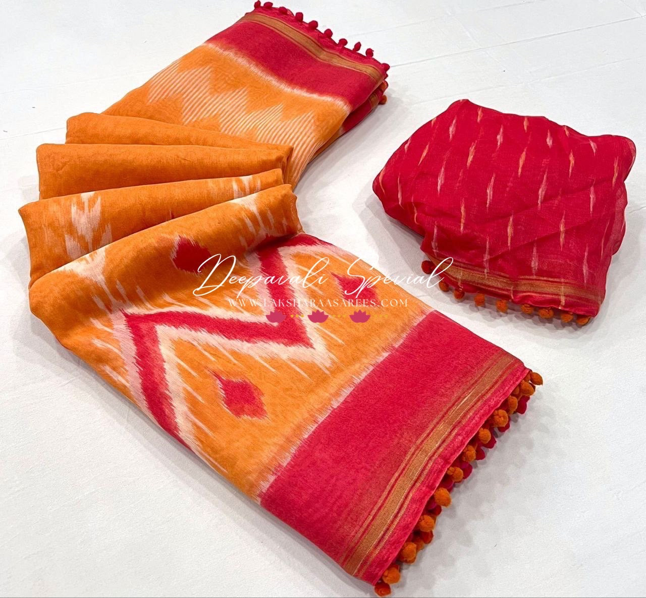 Colourful Mul Mul Cotton Saree x Pom Pom Border