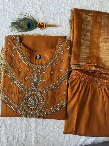 Laksharaa Sarees Festive Chanderi Cotton Kurti Set Burnt Orange Folded Top View