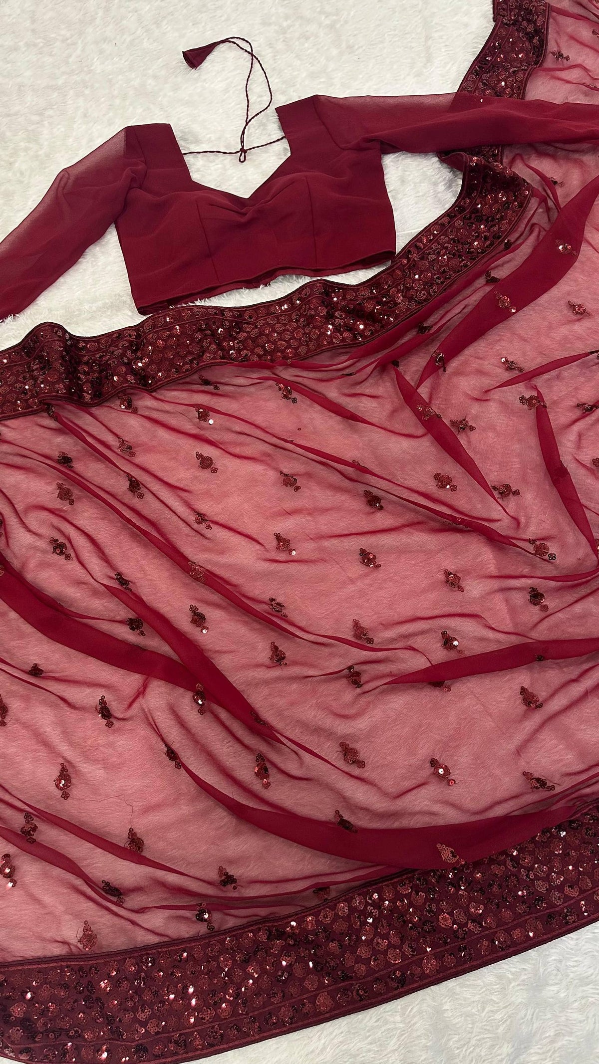 Laksharaa Sarees MAYA — Sequinned Georgette Dinner Saree Burgundy Draped View