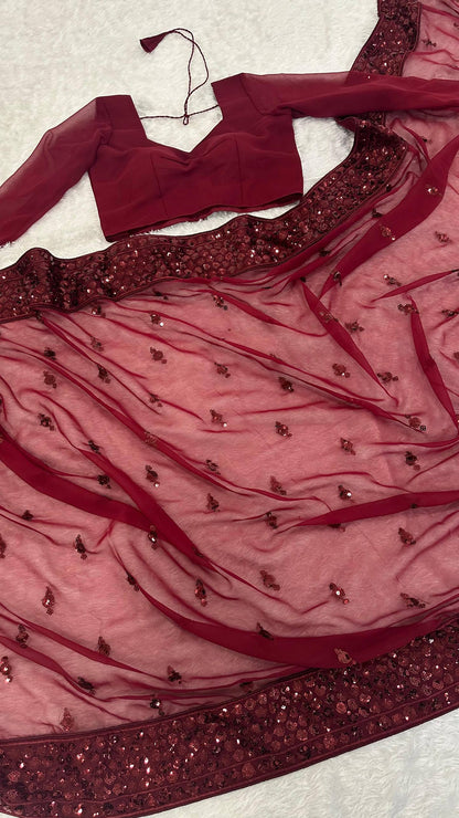 Laksharaa Sarees MAYA — Sequinned Georgette Dinner Saree Burgundy Draped View