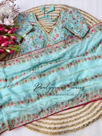 RANGOLI - Georgette Saree with floral embroidery work x readymade blouse