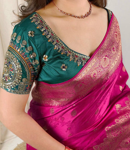 Laksharaa Sarees RANI Premium Banarasi Saree with Handwork Blouse Hot Pink