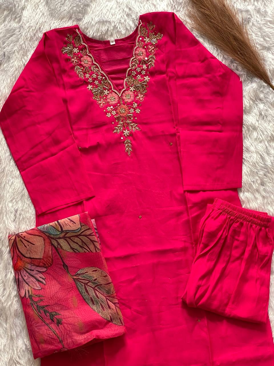 Rani Pink Floral Kurti Set