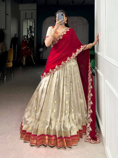 Laksharaa Sarees MAYURI — Slub Cotton Banarasi Half Saree Lehenga Cream and Red