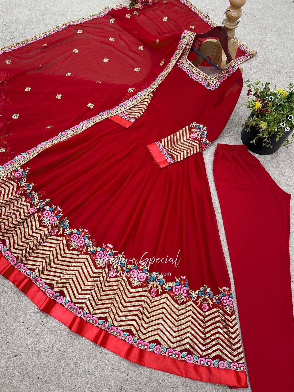 KUSHI - Floral Box Neck Georgette Anarkali