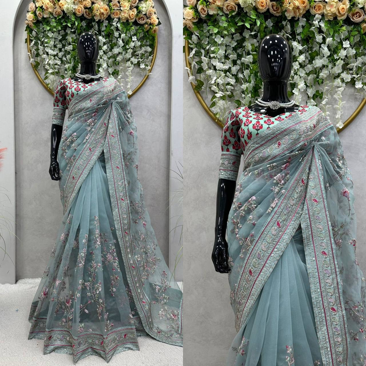 AURELIA - Designer Organza Silk Floral Saree x Premium Embroidery Work