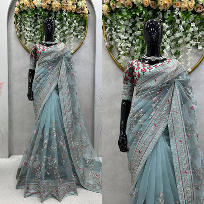 AURELIA - Designer Organza Silk Floral Saree x Premium Embroidery Work